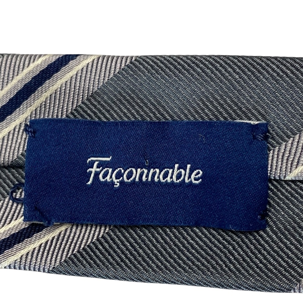 FAÇONNABLE Faconnable Men’s Silk Tie Necktie Diagonal Stripes Gray Blue White - Picture 3 of 6